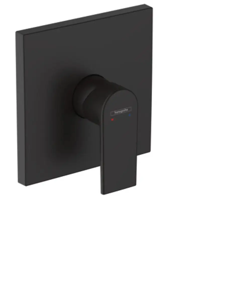 Einhebel-Brausemischer von Hansgrohe in Mattschwarz, angebaut auf einer quadratischen Wandplatte. Die Steuerung zeigt Farbmarkierungen für warmes und kaltes Wasser.